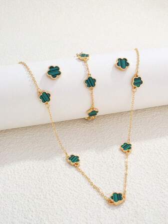 4pcs/Set Clover, Flower Necklace, Bracelet And Earrings Set, Versatile Lucky Necklace, Choker, And Earrings Valentines,Mom,Mother,Mother's Day,Gift