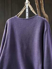 Suéter de manga larga con cuello en V de unicolor, talla grande, otoño/invierno