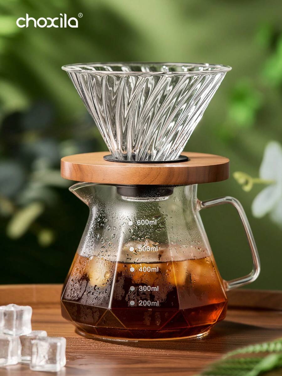 choxila 1pc 600ml Size 02 Pour Over Coffee Set - Glass Carafe & Dripper With Wood Stand, Complete Brewing Kit For Home/Office/Gifting - Transparent - View 1