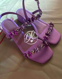 Women's Sandals Low Block Heel Thick Comfortable Rhinestones Feminine Casual Woman - 紫丁香色 - 查看 5