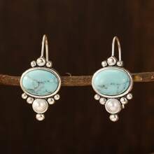 1 Par de Brincos Vintage Boemios com Aspecto de Turquesa e Decorados com Pérolas Falsas, Joias de Moda Feminina para Casamento/Festa