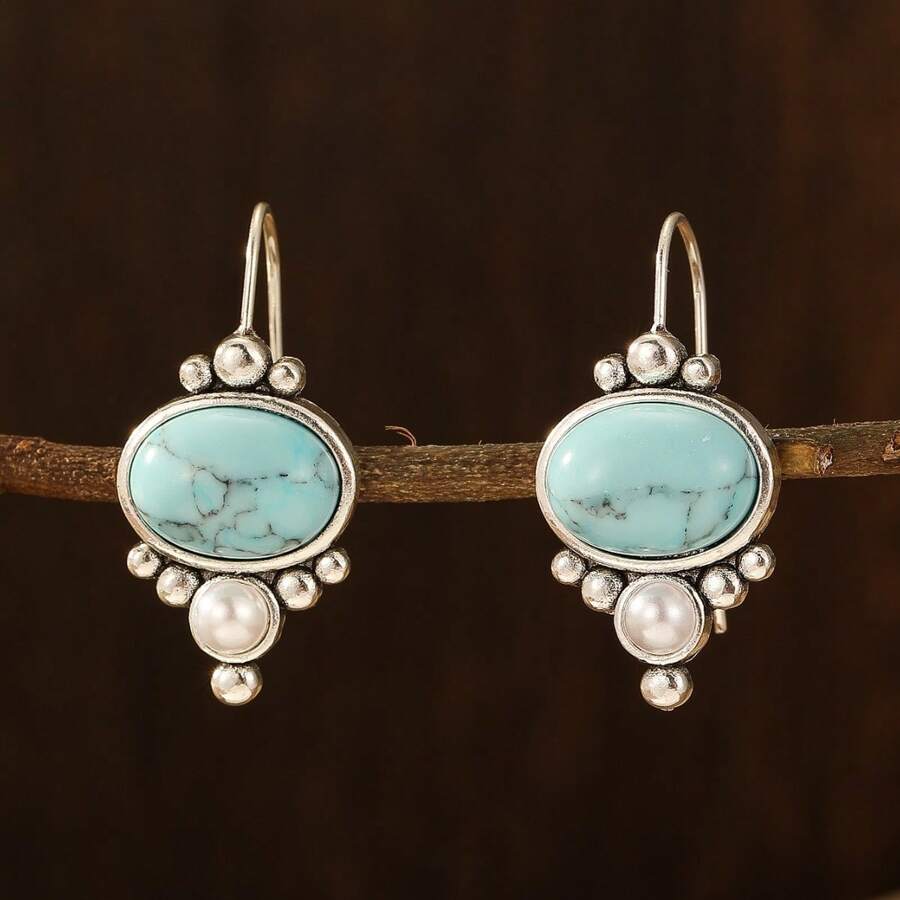 1 Par de Brincos Vintage Boemios com Aspecto de Turquesa e Decorados com Pérolas Falsas, Joias de Moda Feminina para Casamento/Festa