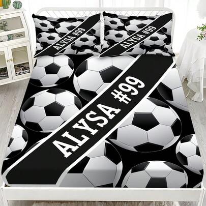 Juego de ropa de cama de 3 piezas con estampado de fútbol, protector de colchón (1 edredón + 2 fundas de almohada, sin fundas de almohada incluidas), se puede personalizar con su nombre, juego de ropa de cama suave y cómodo, adecuado para dormitorios familiares, habitaciones de invitados, apto para todas las estaciones, decoración del hogar personalizada