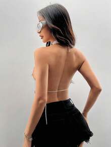 Y2K 女款金属吊坠细肩带，镶嵌水钻，性感时尚风格，适合音乐节和音乐会