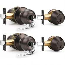 4 Pack Keyed Entry Door Knob And Single Cylinder Deadbolt Combination Set In Satin Nickel, Keyed Alike Exterior Knob Door Handle And Deadbolt Lock And Key, Round Locking Lever Handle Set - Aged Bronze - View 8