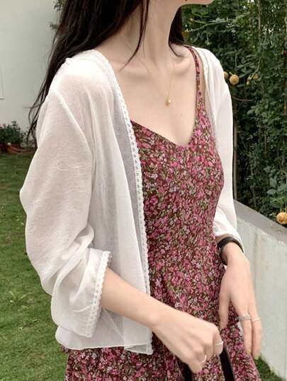 1 pezzo Cardigan leggero in chiffon a maniche lunghe da donna, giacca da esterno stile scialle delicato, adatto da abbinare con abiti