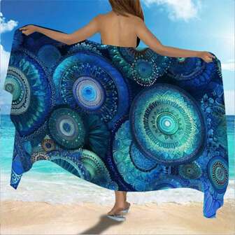 1pc Bohemian Style Chiffon Beach Sarong, Abstract Mandala Pattern, Semi-Transparent Elegant Multi-Wear Beach Skirt, Space Theme Oblong Towel Wrap For Women, Versatile Sarong Vibrant Design Chiffon Fabric