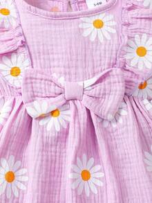 Baby Girls' Summer Dress, Cute Daisy Floral Print Pleated Sleeveless Dress + Headband - Purple - View 3