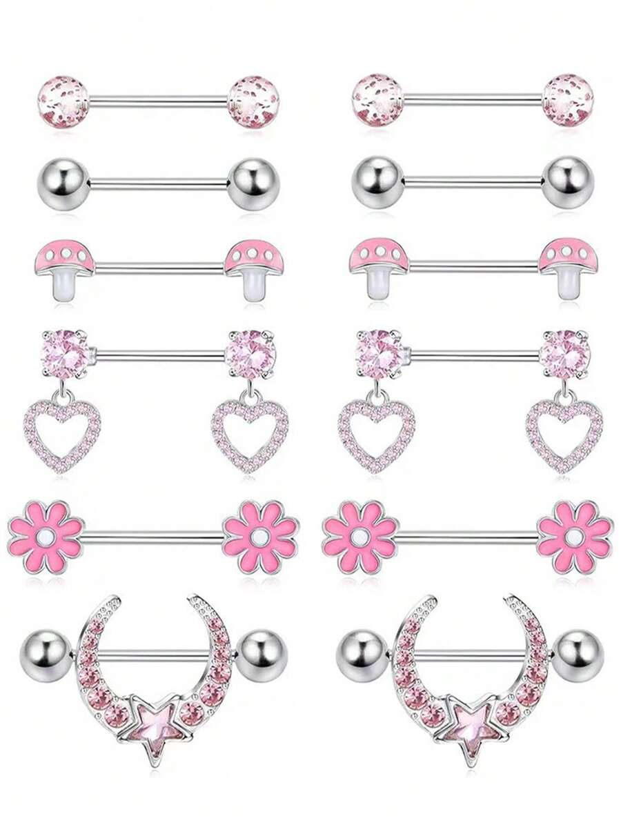 12 件不锈钢心形和月亮穿孔首饰套装，适合送礼和聚会