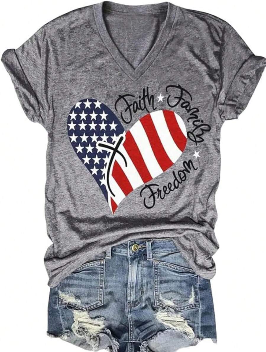4th Of July V Neck Patriotic T-Shirts Women American Flag Print Faith Family Freedom Letter Casual Short Sleeve Tee Tops Halloween Christmas New Year - 灰色 - 查看 1