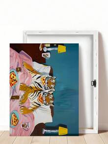 1幅复古趣味极繁主义老虎墙画，多巴胺动物之爱帆布海报，幽默老虎吃披萨图案油画；粉色兔子拖鞋墙画，条纹睡衣帆布海报，极简主义美学海报；卧室装饰 - 彩色 - 查看 16