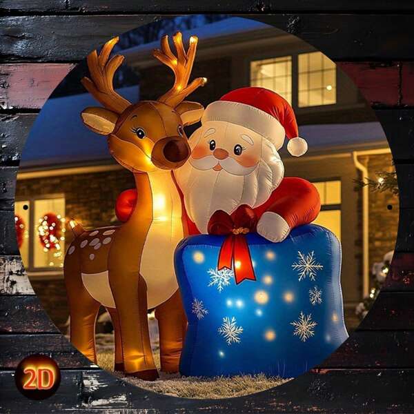 1pc Inflatable Christmas Decoration Santa Claus & Reindeer Round Metal Sign, Classic Holiday Theme With Snowflake Decor, Suitable For Outdoor Celebration, Christmas Yard Display | Festive Reindeer Design | Vibrant Color, Christmas