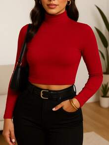 cropped manga longa gola alta suplex de inverno feminino basico casual - Vermelho - Visão 1