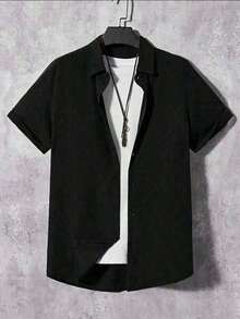 Classic Design Shirt, Men's Casual Short Sleeve Button Down Shirt For Business Casual Events - Black - View 1