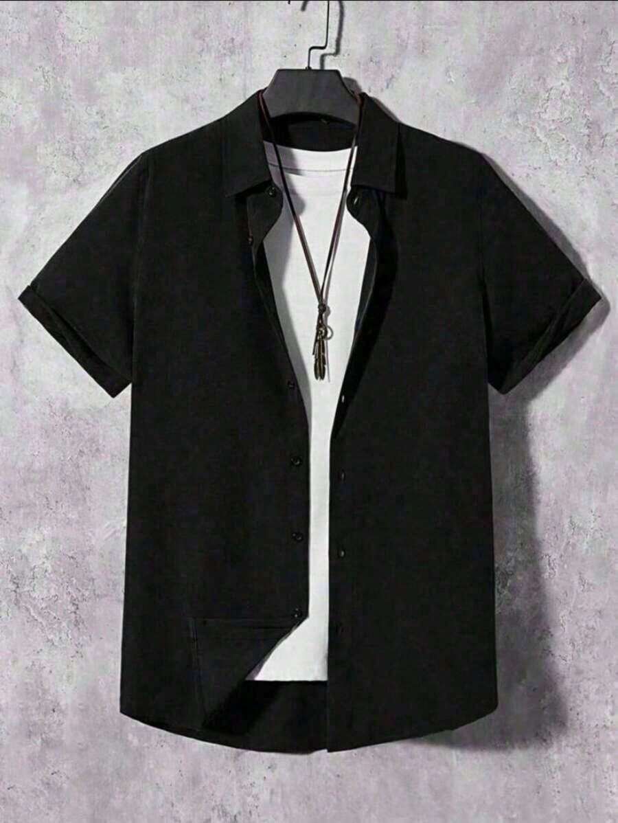 Classic Design Shirt, Men's Casual Short Sleeve Button Down Shirt For Business Casual Events - Black - View 1