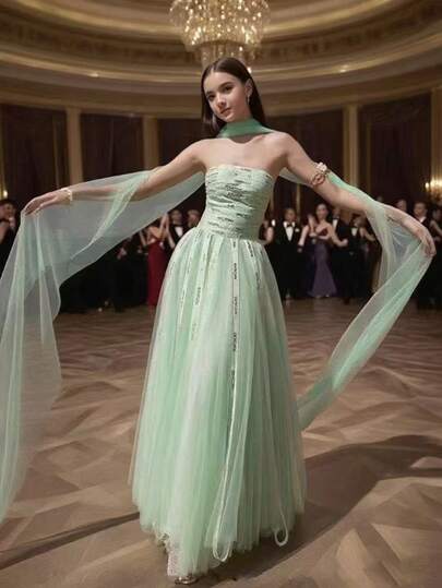 2025年新款清新浅绿色精致装饰围巾面纱披肩新娘披肩，适合宴会、舞会礼服、露肩礼服、婚礼、派对等场合