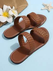 Women's Flat Fashionable Casual Gold Color Beach, Home, Outdoor, Party Leather Sandals And Slippers - Brown - View 6