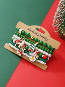 6pcs/Set Fashionable Christmas Bracelets With Pearl, Resin, Cubic Zirconia, Stainless Steel Deer, Christmas Tree, Snowflake, Snowman Charms, Handmade Beaded Bracelets Set For Women, Daily Wear, Holiday Party, Gift