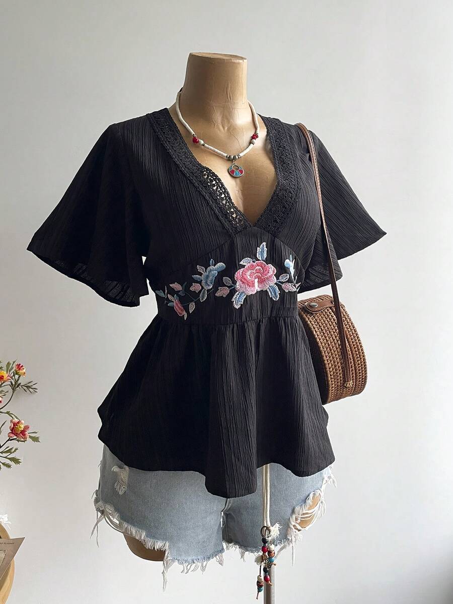 Rusttydustty Áo thun ngắn tay cổ chữ V ren đen thêu họa tiết dành cho nữ cỡ lớn, thích hợp cho đi biển, lễ hội âm nhạc, kỳ nghỉ hè nhiệt đới. - màu đen - Xem 1