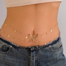 1 pièce Chaîne de taille à double couche avec pendentif papillon sexy à franges pour femmes, style de rue avec chaîne de corps en métal