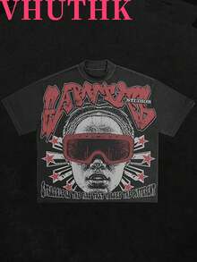 VHUTHK (180 Cotton T-Shirt) Letter "FOSSRICH" And Portrait Print Men's Summer Round Neck Short Sleeved Casual Cotton Print - 黑2 - 查看 1