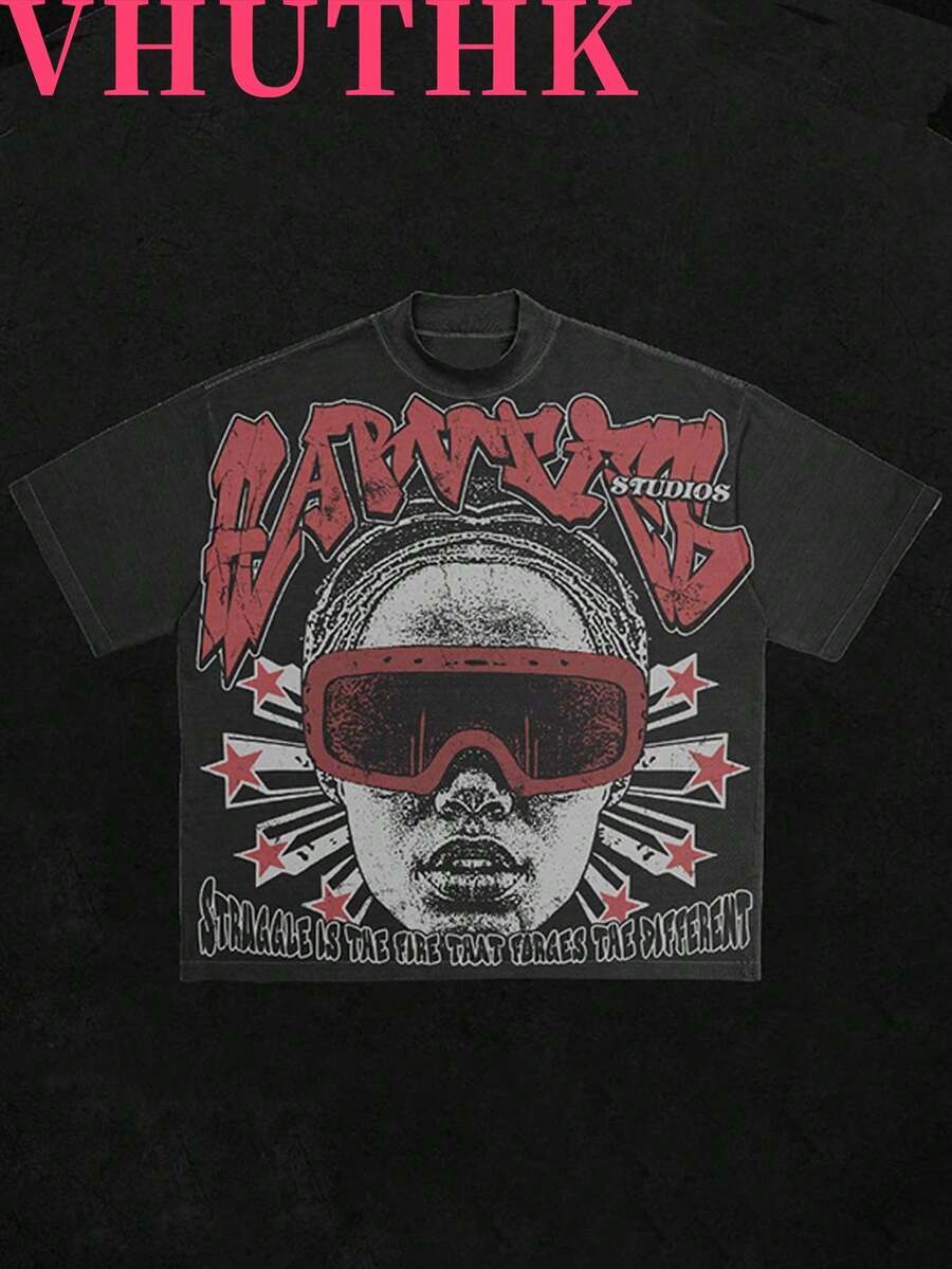 VHUTHK (180 Cotton T-Shirt) Letter "FOSSRICH" And Portrait Print Men's Summer Round Neck Short Sleeved Casual Cotton Print - 黑2 - 查看 1