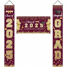 3pcs,2025 Graduation Season, Hangable Door Banner, Pink Graduation Season Photo Background, Happy Graduation Design, Wrinkle-Free Polyester Material, Party Seasonal Decoration, Used For Graduation Season