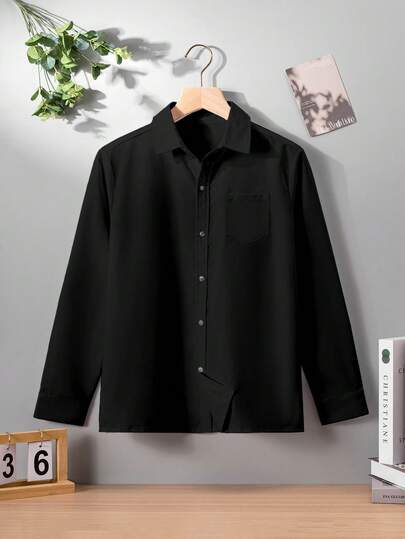 Teenagers Classic Collegiate Casual Party Pocket Patch Detail Black Formal Long Sleeve Shirt
