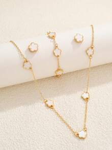 4pcs/Set Lucky Clover & 5-Petal Flower Necklace, Bracelet, Earrings Jewelry Set, Versatile Choker & Chain Earring Valentines,Mom,Mother,Mother's Day,Gift - Baby Pink - View 3