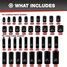 64pcs 3/8" Socket Set, Drive Impact Socket Set, SAE/Metric, Deep & Shallow, Cr-V Steel, 6 Point With Adapters, 72T Ratchet Handle, Extension Bars, Bit Adapter, 6-24mm, 5/16-1 Inch - 紅色 - 查看 3