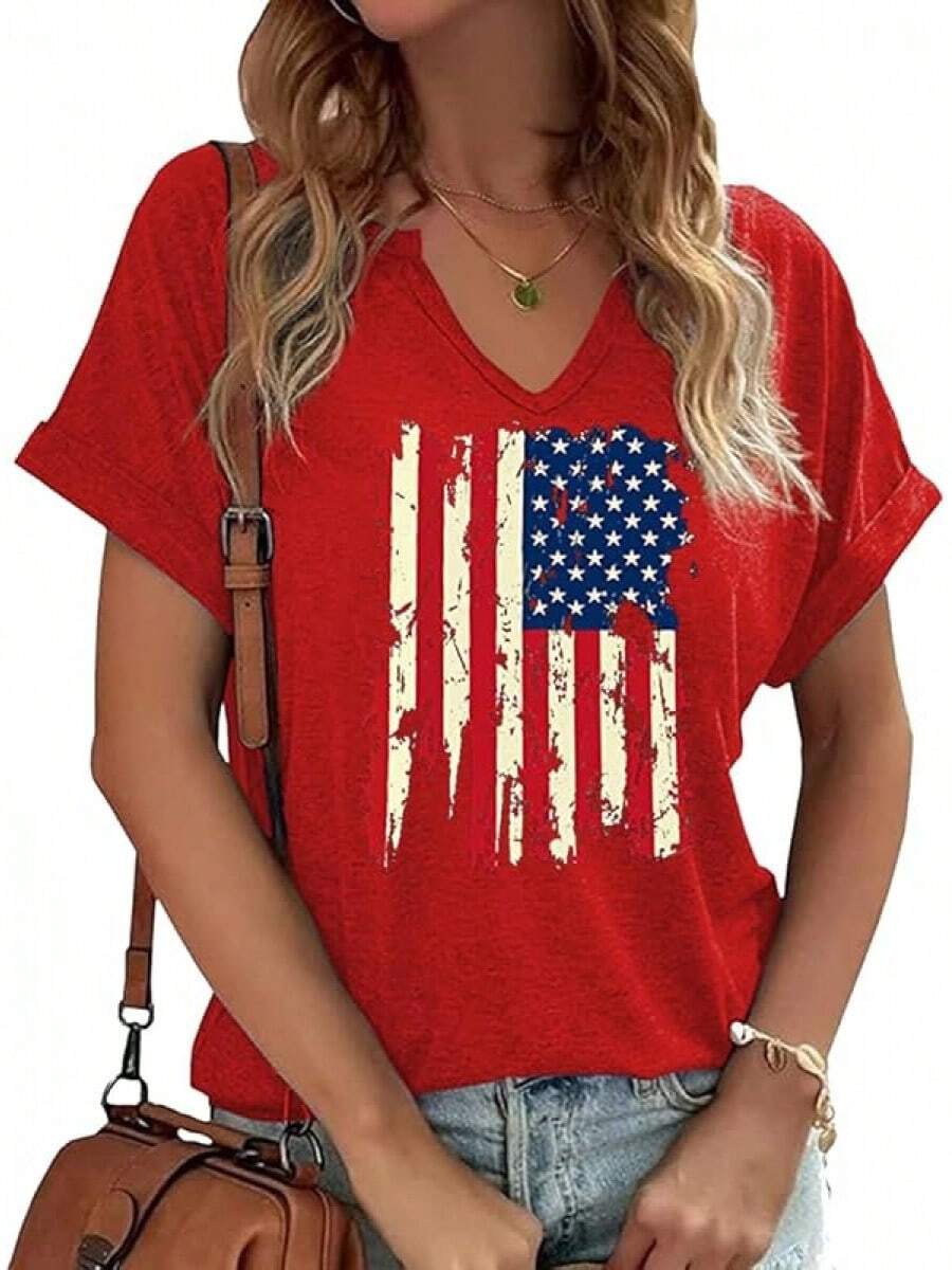 4th Of July V Neck Patriotic T-Shirts Women American Flag Print Faith Family Freedom Letter Casual Short Sleeve Tee Tops Halloween Christmas New Year - A-red-1 - 查看 1