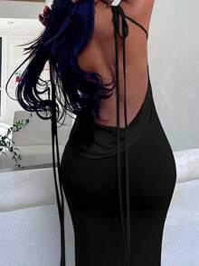 Women's Black Elegant Backless Maxi Dress - Sexy Tie-Detail Evening Gown In Solid Color, Stunning Party Dress For Galas & Night Out - 黑色 - 查看 6