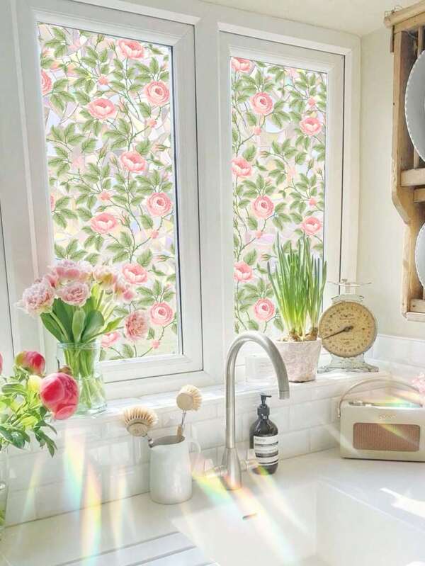 1pc Rose Flower Static Sticker, PVC Colorful Sunlight Glass Film, Double-Sided Visible UV Colored Spray Painting Window Film, Provides Shading, Can Be Cut, Combined, Removable Colored Static Adsorption Sticker, Suitable For Home, Kitchen, Office, Shop Window Decoration, Sliding Door, Bathroom Decoration Stickers Kitchen Decor