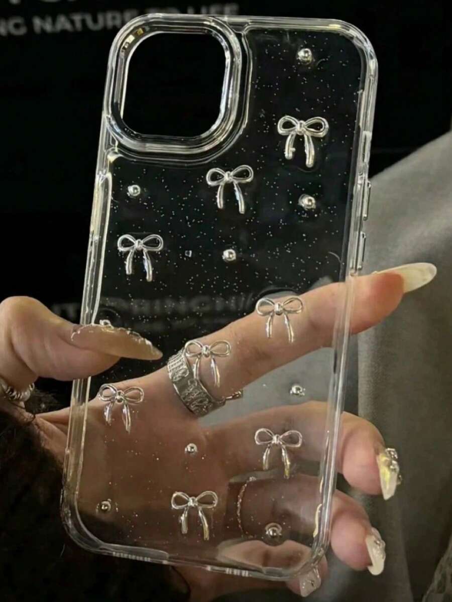 金属3D蝴蝶结手机壳，适用于 17/16/15 Pro Max、14 Pro、11、15 Pro、12 Pro、13 Pro Max，防震设计，可爱少女风，国际版，非国内版 - 無色 - 查看 1
