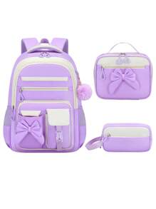 3PCS Girls School Backpack Set With Bowknot, Lunch Box Bag & Pencil Case, Lightweight Multi-Pocket Student Bookbag, Fits 15.6 Inch Laptop, Travel Backpack, Back To School Essential, Ideal Birthday Gift 