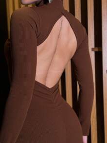 Midi Dress Mide Mid Ribbed Premium Anarruga Fabric Cup Open Back Low Neck Fashion Elegant Sensual Wedding Dinner Birthday Autumn And Winter Collection - 棕褐色 - 查看 3