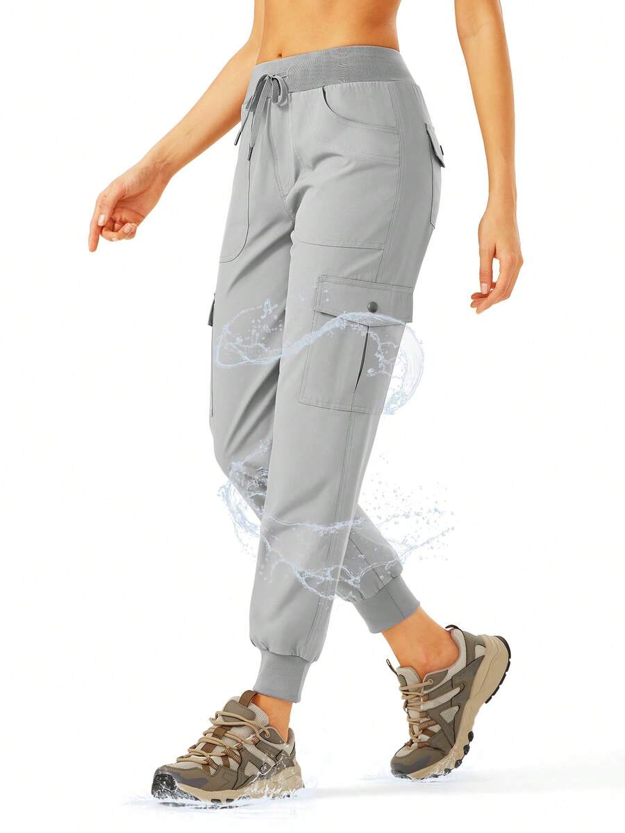 Women's Lightweight Hiking Cargo Pants Outdoor Quick Dry Casual Travel Sweatpants Joggers Elastic Waist Button Pockets - Xám băng* - Xem 1