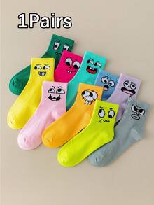 10 双男女款趣味表情印花糖果色休闲时尚百搭透气中筒袜，情侣中筒袜 - 彩色 - 查看 14