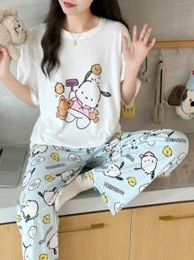 Sanrio 1 Peça Calça de Pijama de Flanela Sanrio, Calça de Lounge Casual para Adolescentes com Estampa da Hello Kitty por Todo o Tecido, Animação de Personagem Fofo, Presente da Moda para Outono/Inverno
