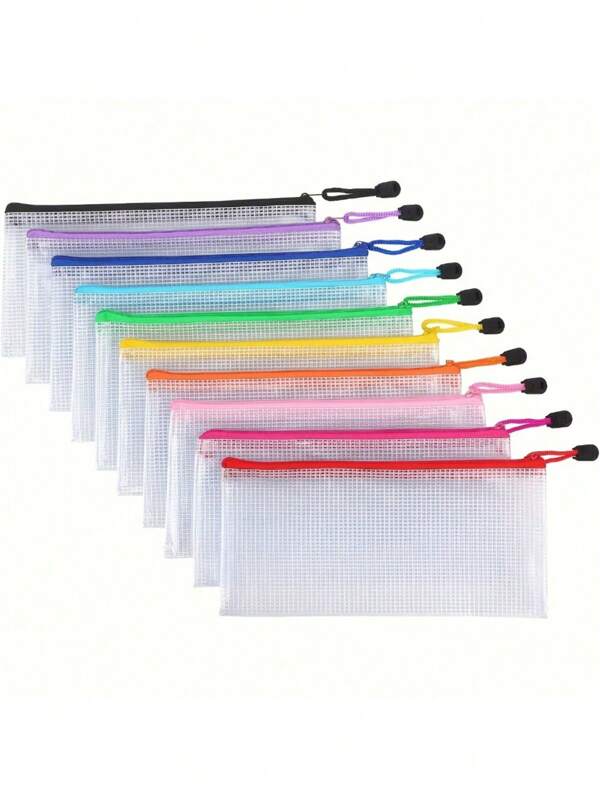 10 Stücke Mesh Reißverschlusstasche, wasserdichte Reißverschlusstasche für Dokumente, Plastik Stiftetasche in A6 Größe, Klassenzimmer Organisation, Schul- und Büroartikel, Schulmaterial