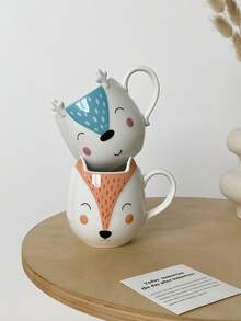 1 件手绘陶瓷杯，带有猫头鹰、狐狸、鹿、熊等可爱动物图案，创意卡通风格杯子，适用于家居装饰、咖啡拿铁杯、早餐牛奶和燕麦碗、礼物和情侣杯 - 彩色 - 查看 9