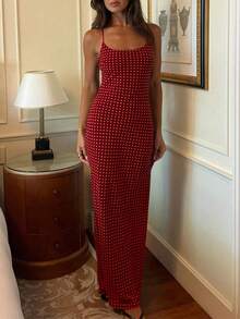 1 件女士优雅波尔卡圆点印花露背细肩带修身连衣裙，适合派对和正式场合，秋季 - 紅色 - 查看 1
