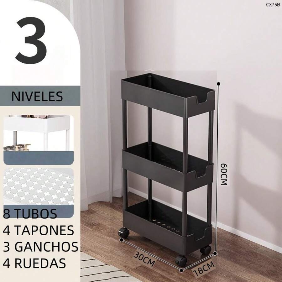**Carrito Organizador de Plástico 3 Niveles con Ruedas y Ganchos – Para Baño, Cocina o Sala,negro o blanco |   60x30x18cm. |   Hecho en México** - Negro - Ver 1