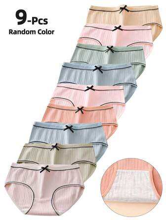 Set de 9 piezas de bragas de mujer de unicolor y estilo simple, bragas informales con decoración de moño a la cintura media, de poliéster, un gran valor