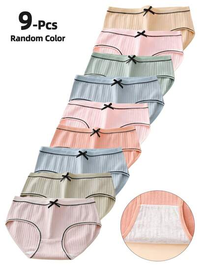 9件套女士纯色简约风格内裤，女孩中腰蝴蝶结装饰休闲内裤，超值涤纶内裤