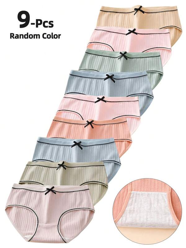 9pcs/Set Women Solid Color Simple Style Panties, Girl Mid Waist Bowknot Decor Casual Underwear, Polyester Underpants With Great Value