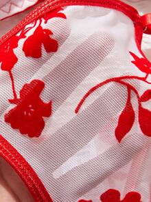 2 件女士性感内衣套装 - 红色花朵植绒网纱透视文胸和内裤超薄文胸 - 紅色 - 查看 5