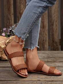 Women's Flat Fashionable Casual Gold Color Beach, Home, Outdoor, Party Leather Sandals And Slippers - Brown - View 4