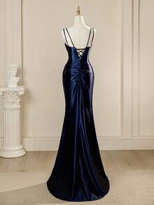 高贵奢华方领无袖图腾刺绣女士优雅开衩连衣裙 - 藏蓝色 - 查看 3