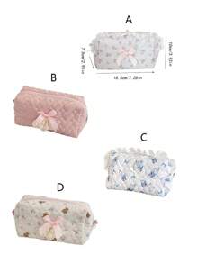 Bolsa de maquillaje de tela suave con encaje en forma de lazo, estilo lindo y dulce, gran capacidad, bolsa de lavado portátil para viajes, bolso versátil desmontable para damas